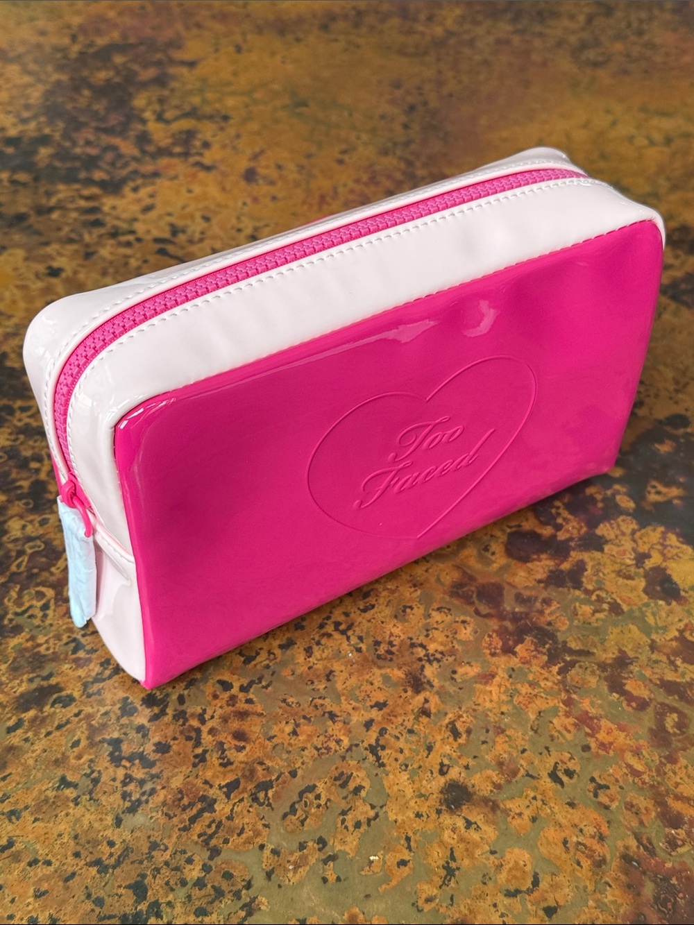 Too Faced Hot & Light Pink Patent Full Zip Cosmetic Makeup Bag Pouch & ๐ Sample